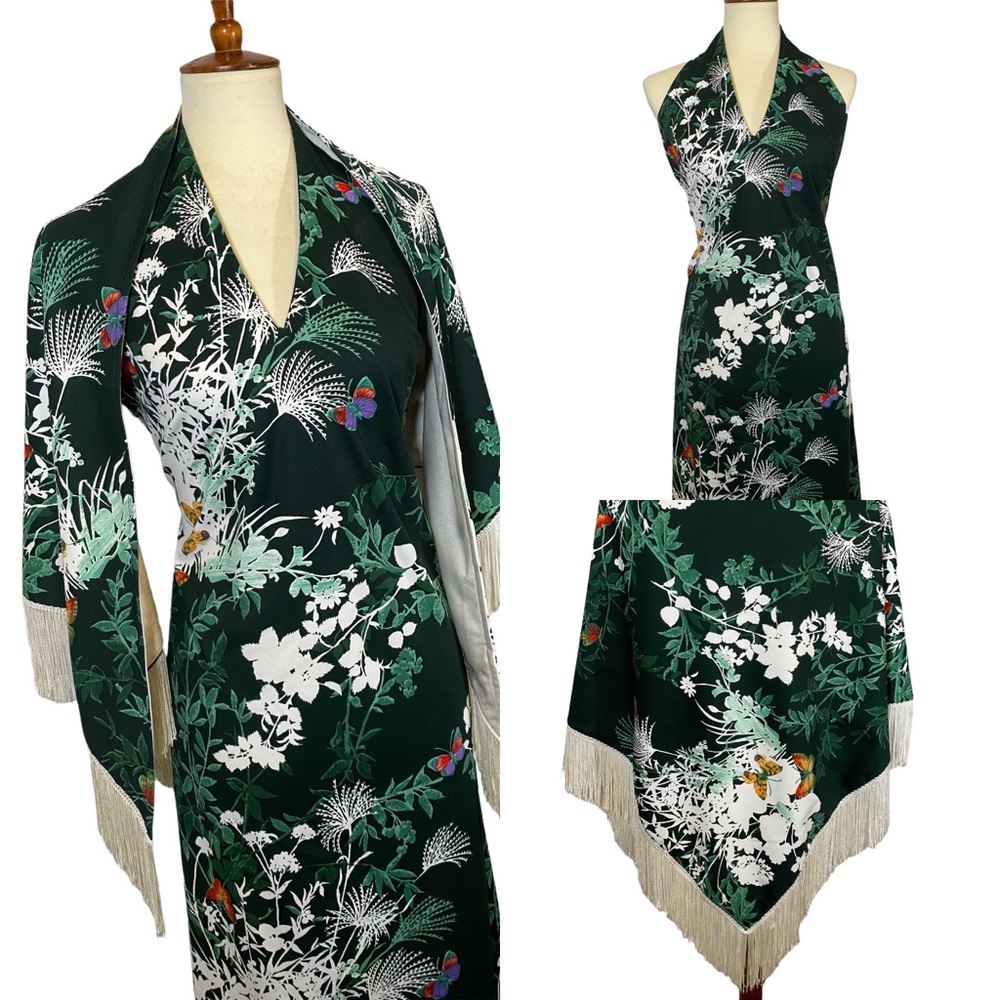 70s VTG Butterfly Maxi Dress and Fringe Shawl